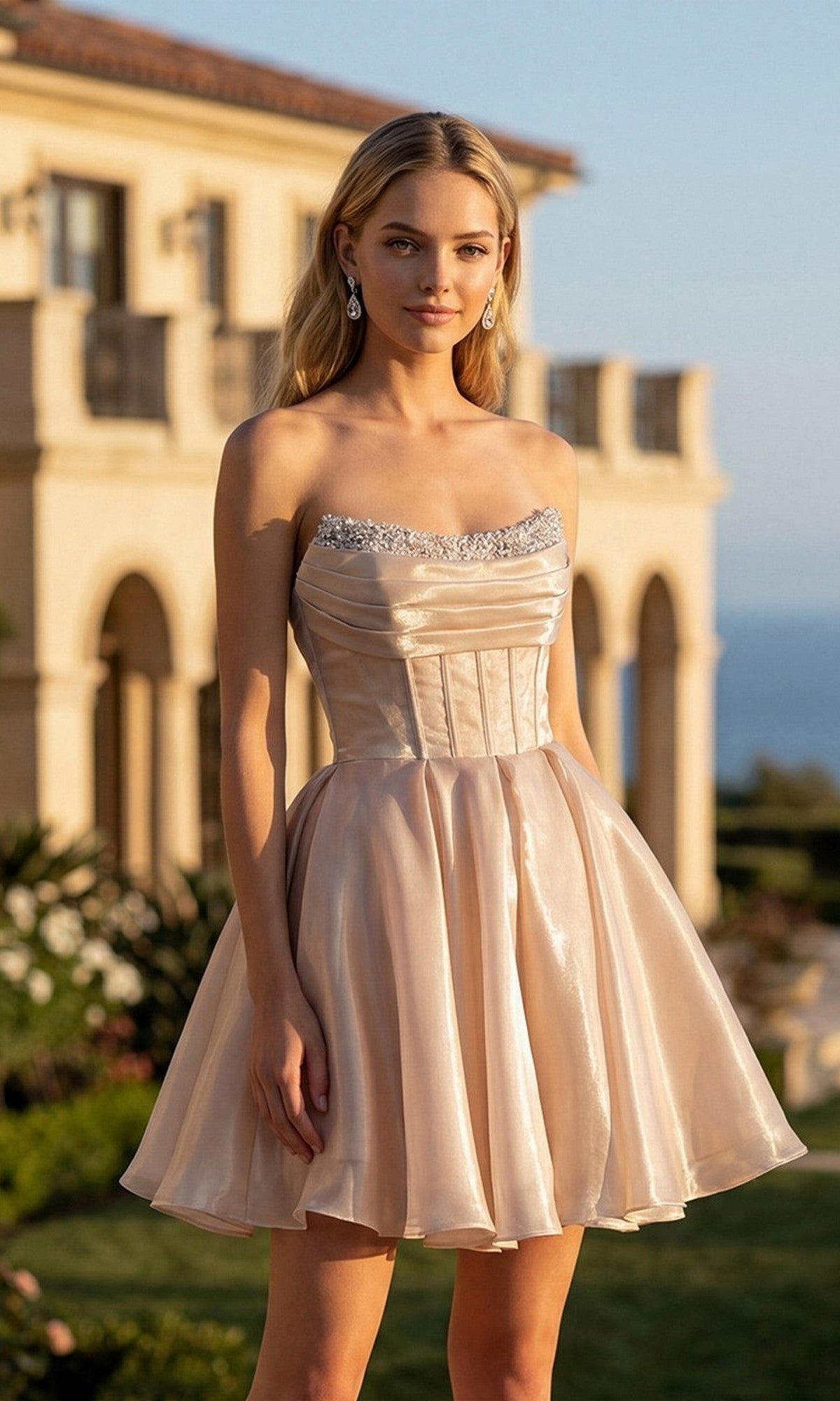 A woman wearing the Juliet JT7187S short homecoming dress in champagne, which features a strapless corset bodice and shimmer organza fabric with a jeweled neckline, stands outdoors in front of a large building.